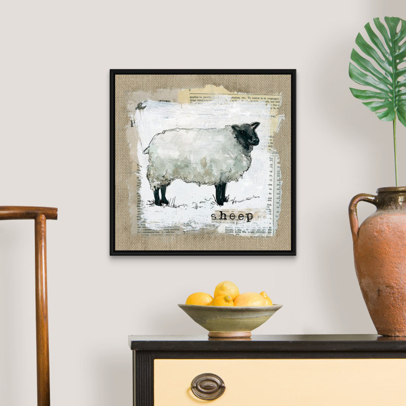 «Burlap Sheep», reproduction d'impression sur toile, Cadre flottant noir, H 21,7 po x l 21,7 po x P 1,75 po