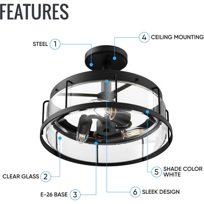 3 Light Semi Flush Mount Ceiling Light, Matte Black, Bulb Not Included