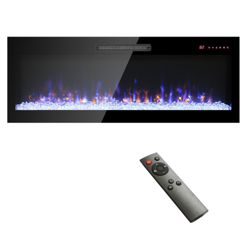 50 inch recessed  thin tempered glass front wall mounted electric fireplace with remote and multi color flame & emberbed, LED light heater