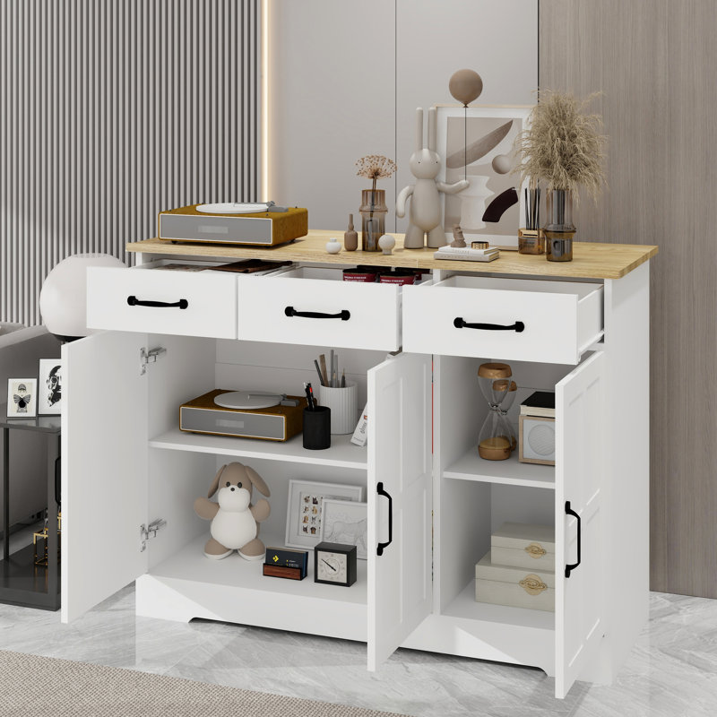 Buffet blanc pour bureau à domicile, Flavour, portes à 3 tiroirs, buffet de style construction, 3D / 3D, décoration