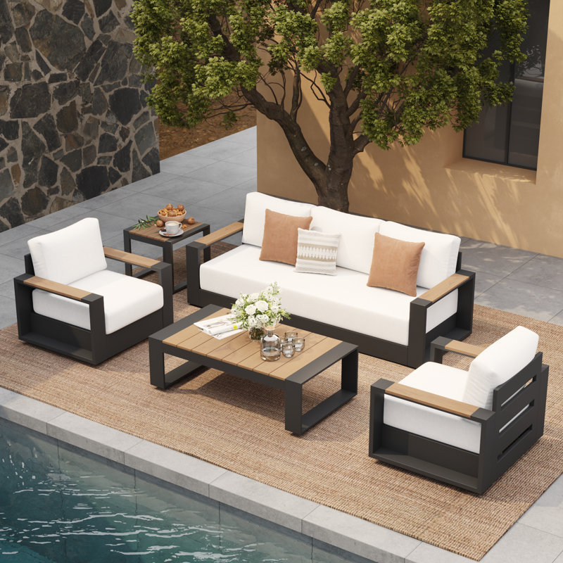 5 - Piece Outdoor Seating Group With Cushions With A Side Table, 5 Pcs: 2 Tables, Sofa, 2 Chairs, Swivel Chair, Gray