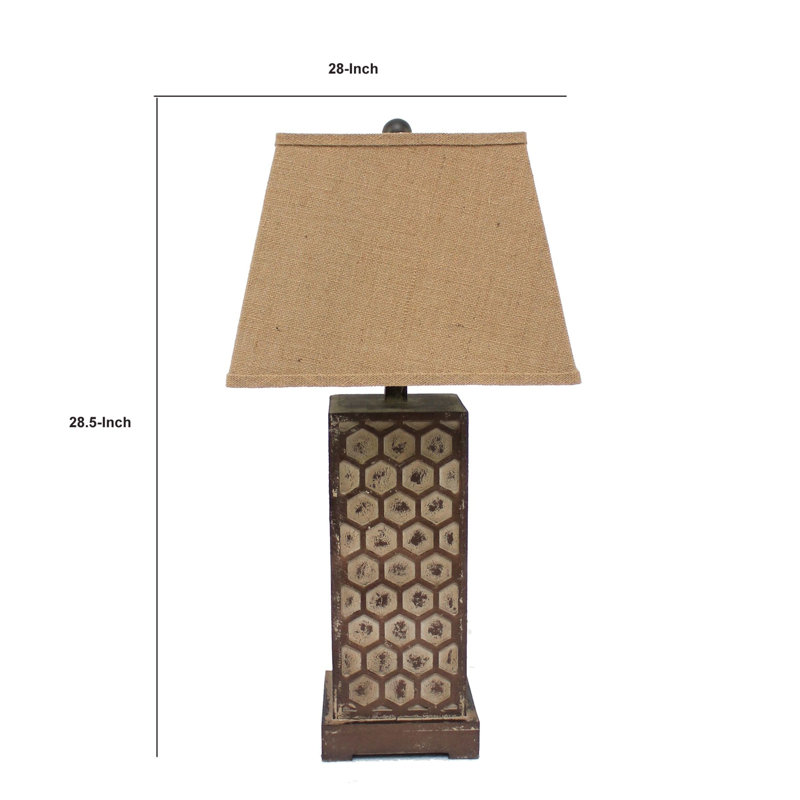 Callissa 29 Inch Industrial Table Lamp, Linen Shade, Honeycombed Metal Base, Khaki