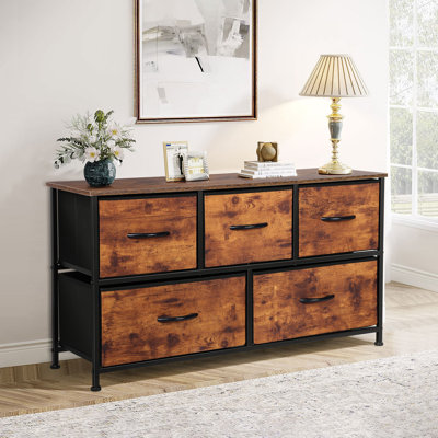 Commode 5 tiroirs pour 17 chambres à coucher, large commode brun rustique