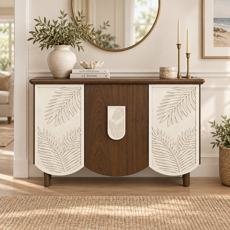 Armoire d'appoint Ewyn à 3 portes avec panneaux de porte en résine botanique et pieds en pin, l 39 po