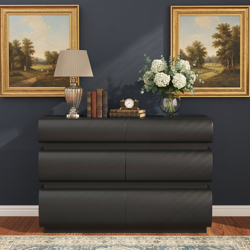 Commode noire à 6 tiroirs minimaliste moderne sans poignée avec rangement large pour la chambre à coucher et le salon, Noir