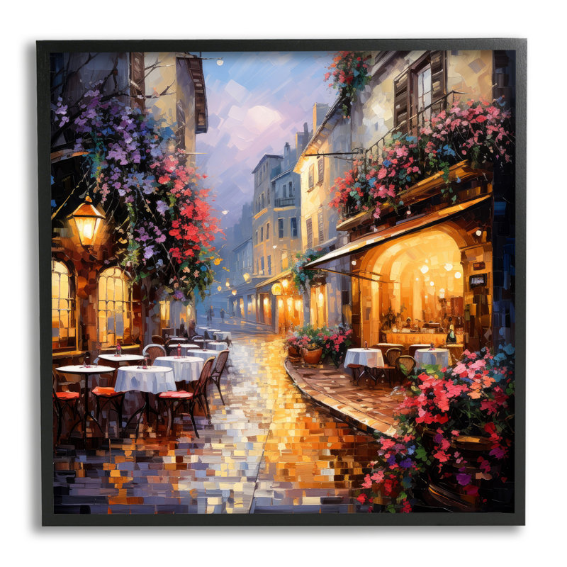 Bistro floral français, H 24 po x l 24 po x P 1,5 po, Giclée encadrée noir minuit