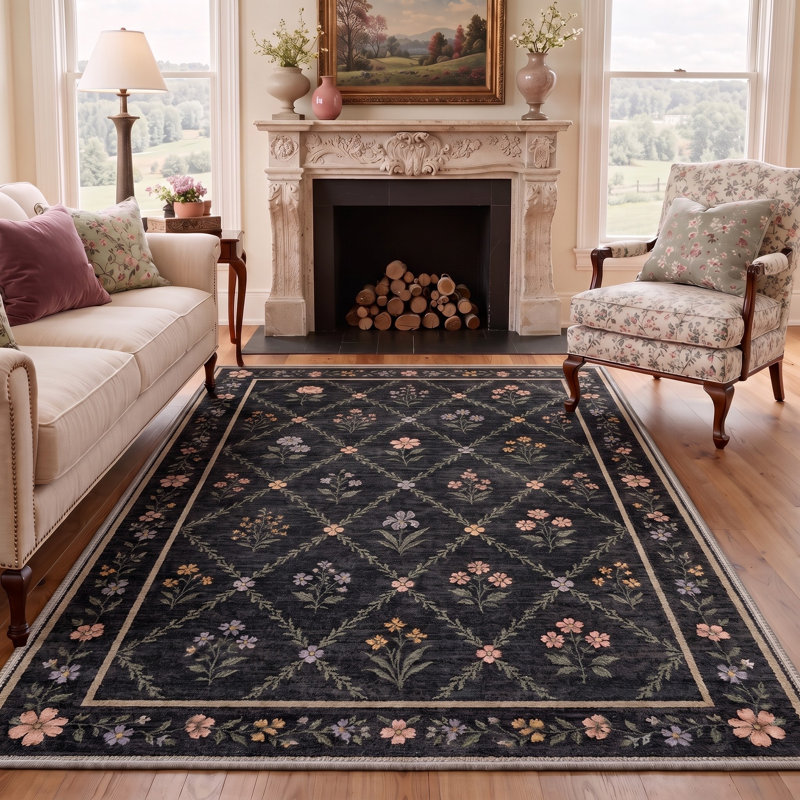 Tapis floral noir / vert lavable à la machine avec envers antidérapant, Rectangle 6 pi x 9 pi