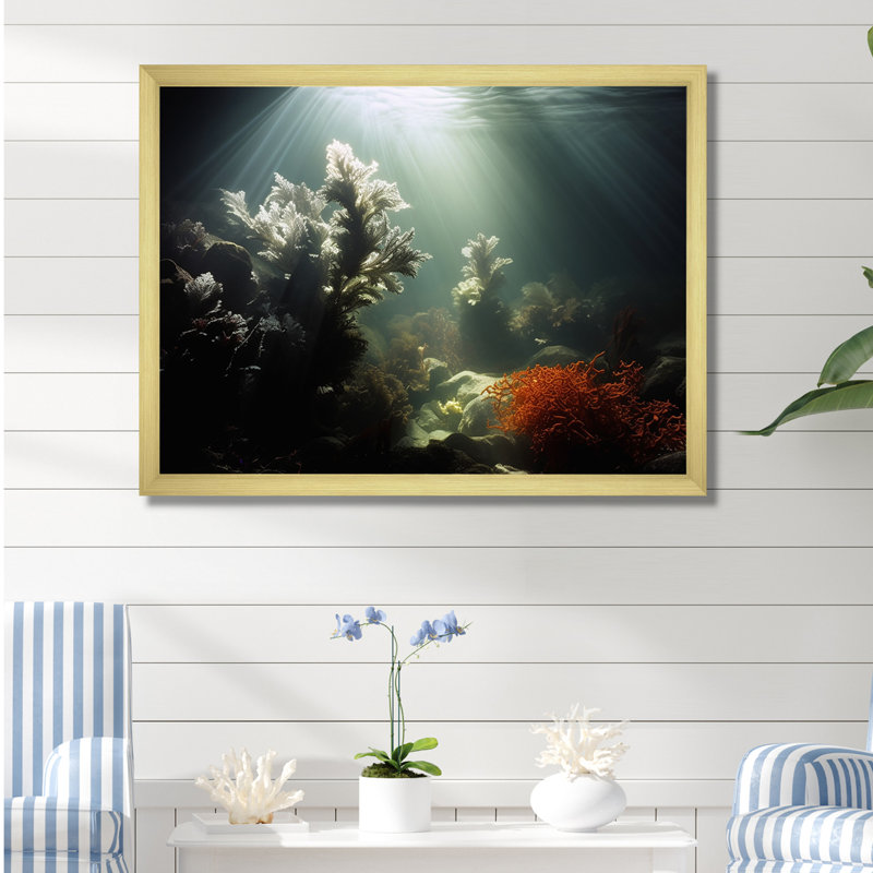 «Light to Underwater Silent Flow», reproduction d'art mural plage et océan, Cadre doré simple, H 12 po x l 20 po x P 1 po