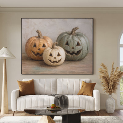 Extra Large Wall Art Fabric Print - Vintage Jack O Lantern Pumpkin Trio for Living Room or Bedroom - "Frame Assembly Required (Unfinished Frame)"