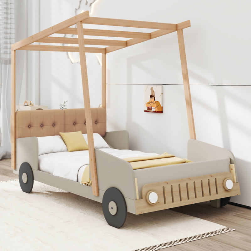 Lit voiture avec coussin Alidis, toile de plafond et DEL, Simple