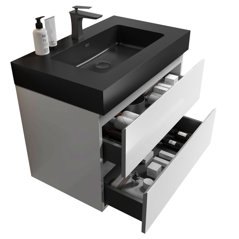 Meuble-lavabo moderne 30 po avec lavabo à tiroirs fonctionnels blanc, rangement spacieux, lavabo noir mat, mode silencieux