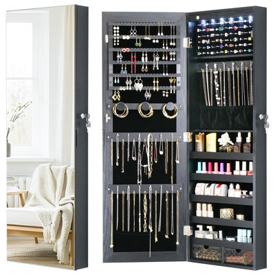 14.5" Wide Jewelry Armoire with Frameless Full-Length Mirror and LED
