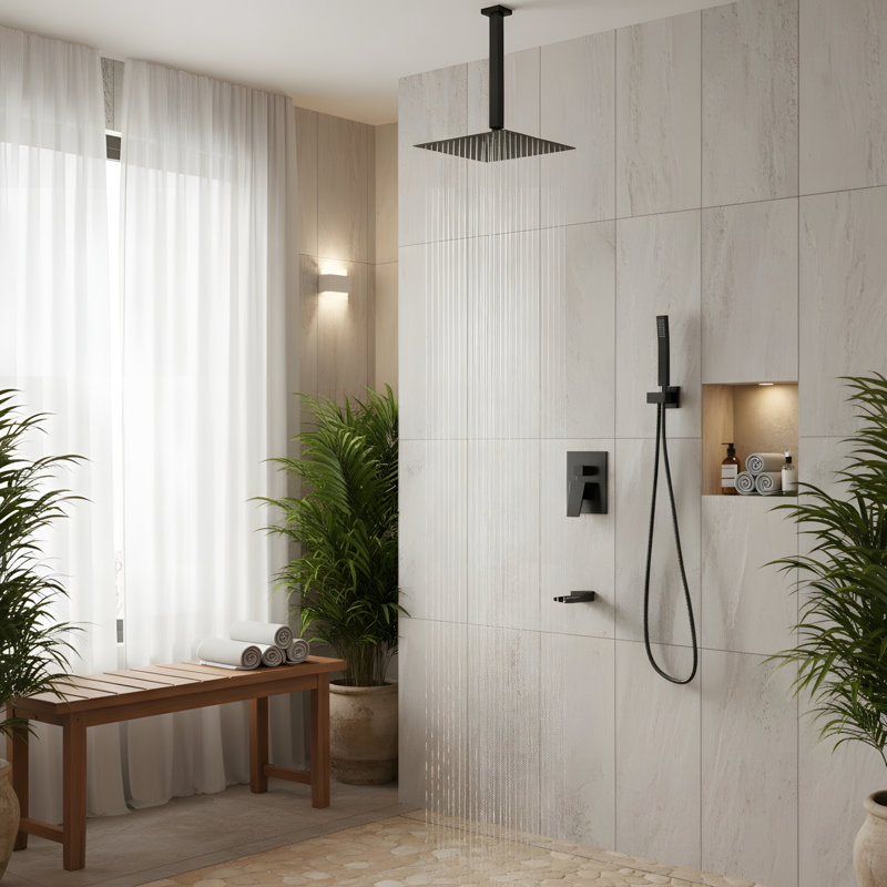Système de douche carré de 12 pouces avec douchette cascade et douchette à fixation au plafond, Bronze huilé, bronze