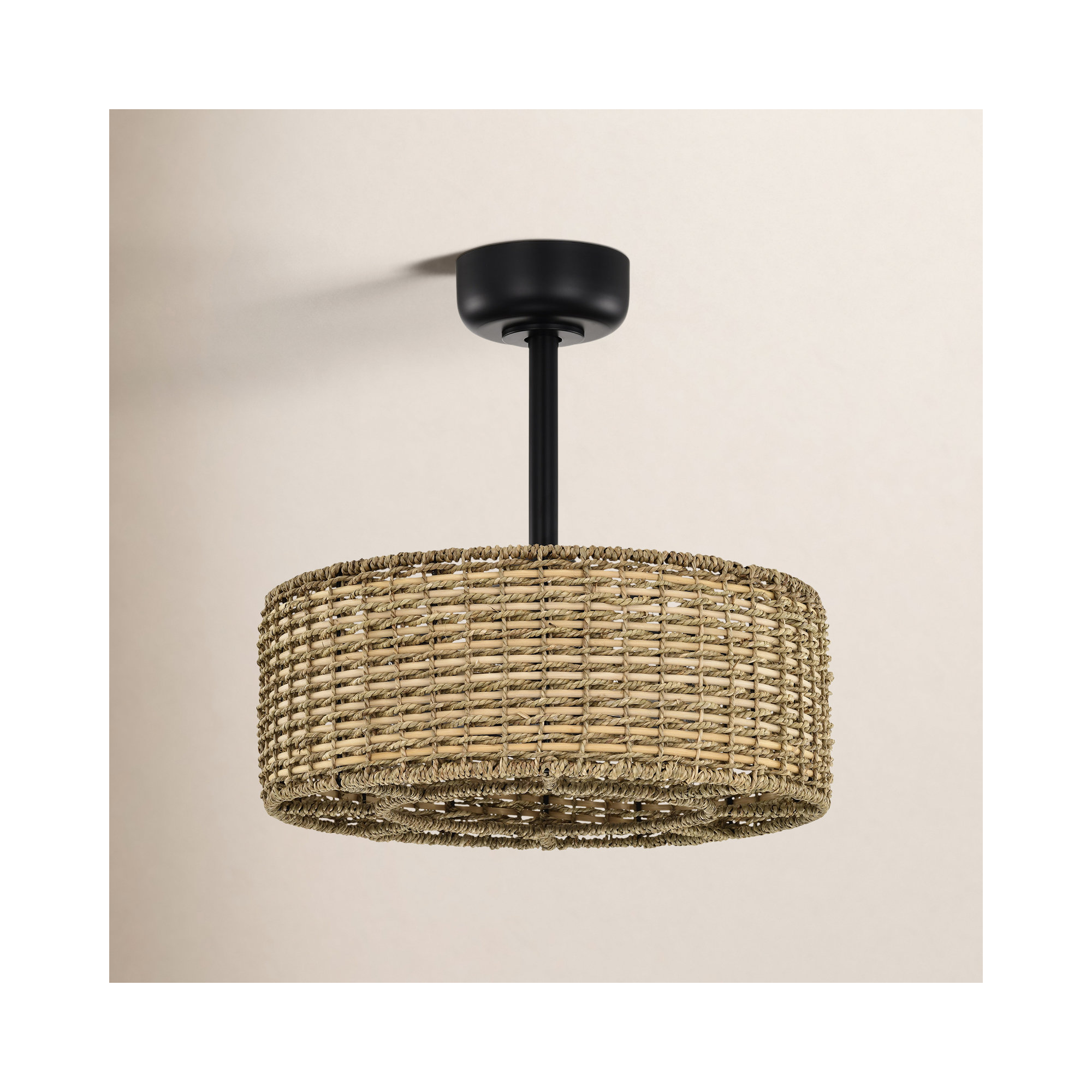 19.1" Farmhouse Remote Control Reversible Black Rattan Caged Downrod Mount Flush Mount Ceiling Fan With Lighting Kits For Living Room/Bedroom