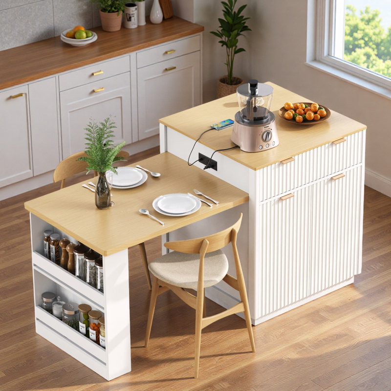 Fluted Kitchen Island With Extendable Dining Table, Power Outlet,  Double-side Storage, 2 Drawers And 2 Side Open Shelves