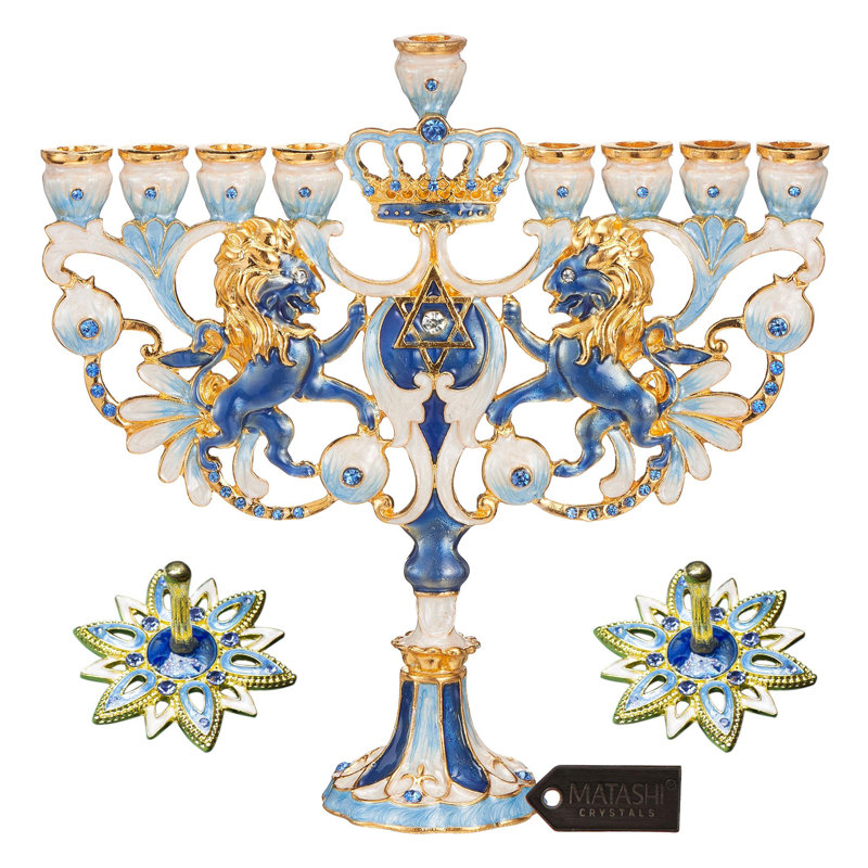 Ensemble de célébration de Hanoukka - Menorah lion royal bleu et ivoire peint à la main et 2 ornements de Dreidels tournants de Matashi