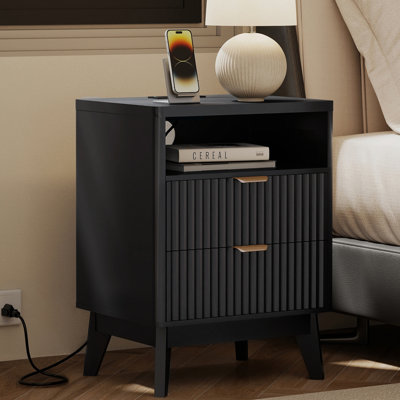 Black Nightstand, Narrow Wood Bedside Table with Storage Drawer, Modern Bedroom Nightstand, 17.7"x13.8"x23.4"