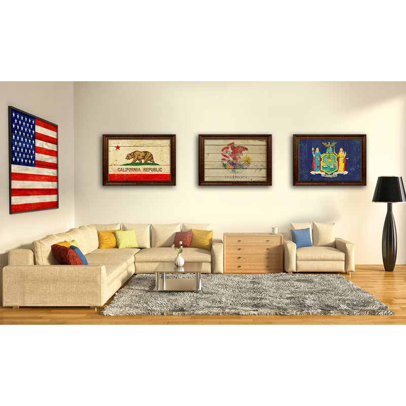 Hawaii State, impression de drapeau rétro avec cadre brun doré, 23 x 33