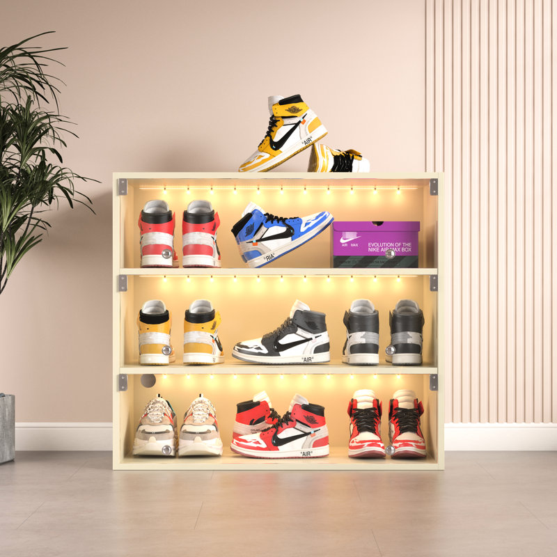 Armoire à chaussures en bois avec éclairage à DEL et verre - 3 tablettes, peut contenir jusqu'à 9 paires de chaussures de sport, options de niveaux de portes empilables, matériau en bois, design
