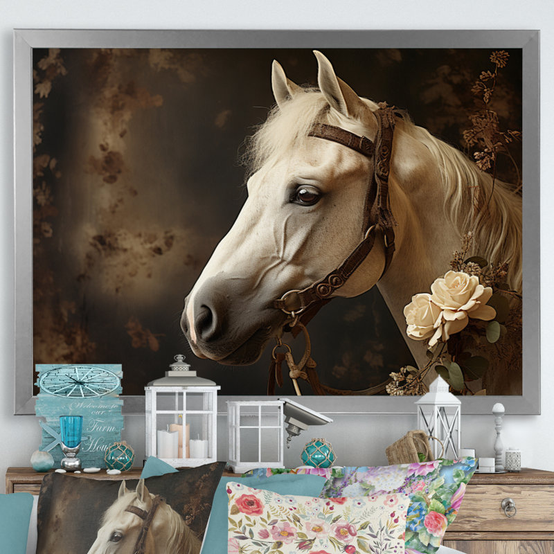 «White Beige Horse Majestic Duality» sur toile, H 30 po x l 40 po x P 1,5 po, Cadre photo argenté