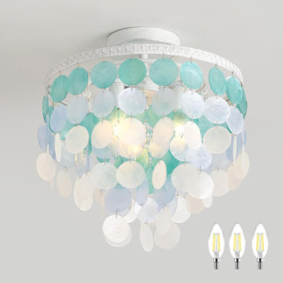 13.8" Natural Capiz Shell Chandelier 3 Light Mini Chandelier Boho Ceiling Light Entryway Light Fixture For Girls' Bedroom Hallway Living Room Dinning Room Brushed White Bulb Included
