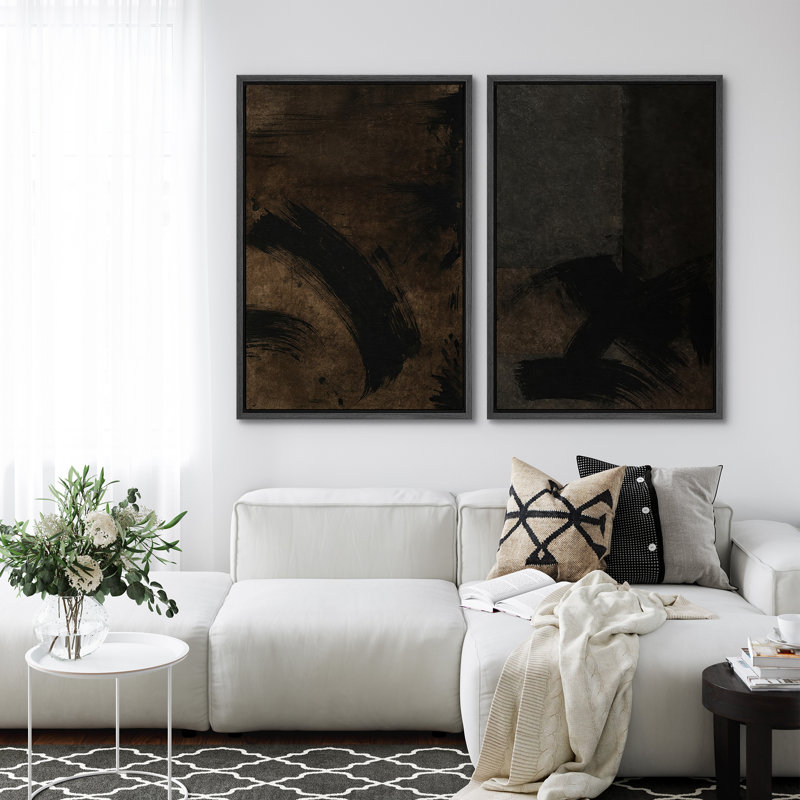 Art mural abstrait, ensemble de 2 reproductions d'art encadrées sur toile, H 24 po x l 32 po, Noir