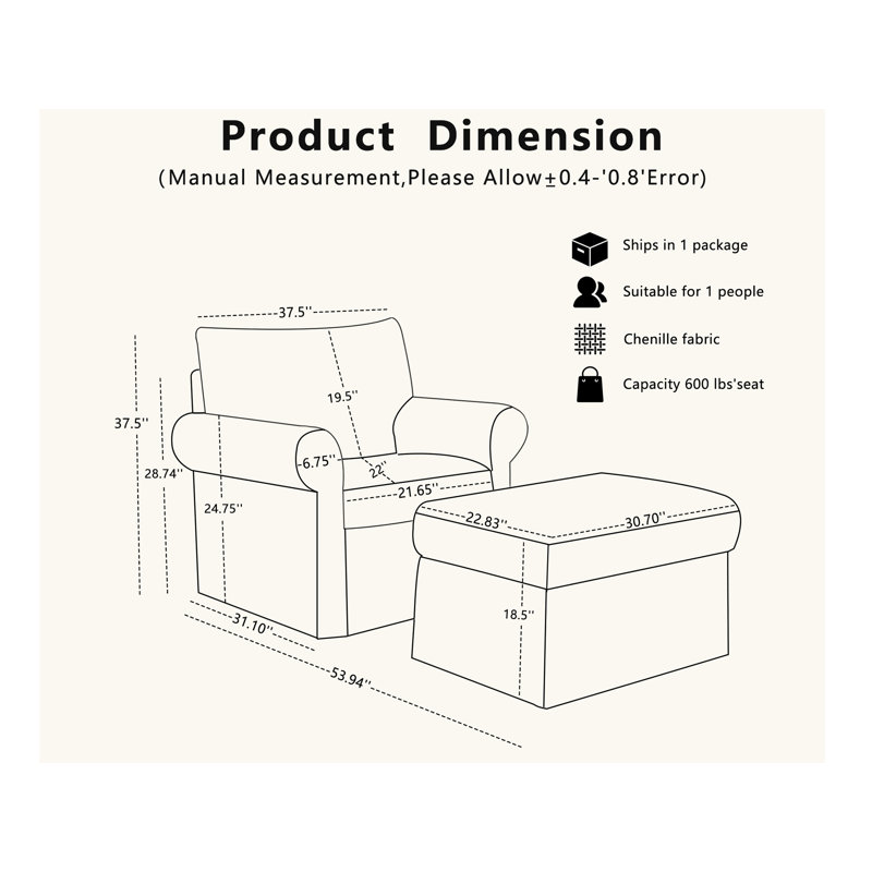 Upholstered Accent Chair With Ottoman, Grey