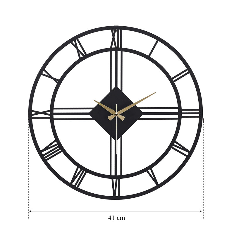 Elegant Decorative Metal Wall Clock, Black Finish, 16.1 x 16.1 inches | 100% Metal Construction, Thickness: 0.06 inches | Silent Mechanism, Requires 1 AA Battery (Not Included) | Perfect for Home & Office Décor