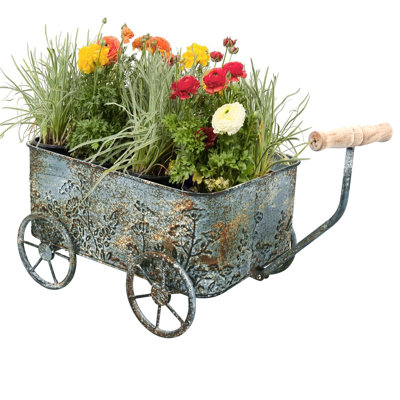 Vintage Metal Wheelbarrow Planter with Wooden Handles(Flower Excluded)