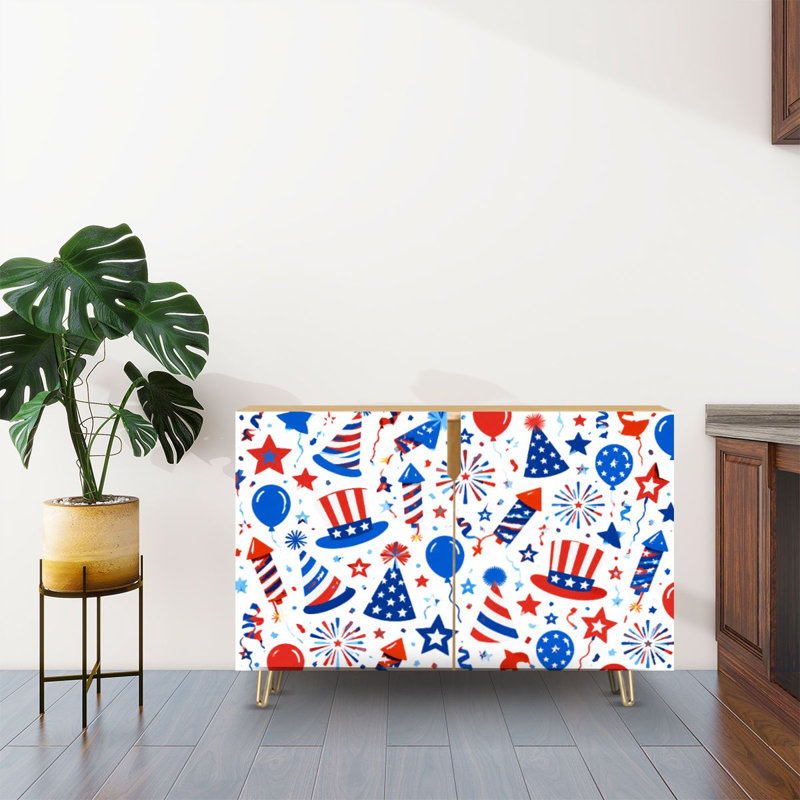 Buffet Buffet avec rangement rouge blanc bleu fête patriotique feux d'artifice ballons chapeaux de fête avec 2 portes pour le salon et la cuisine