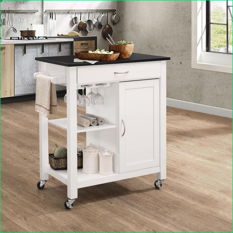 Chariot de cuisine avec roulettes verrouillables, rangement et amp; Support à vin, noir et blanc | Blanc + noir | Bois