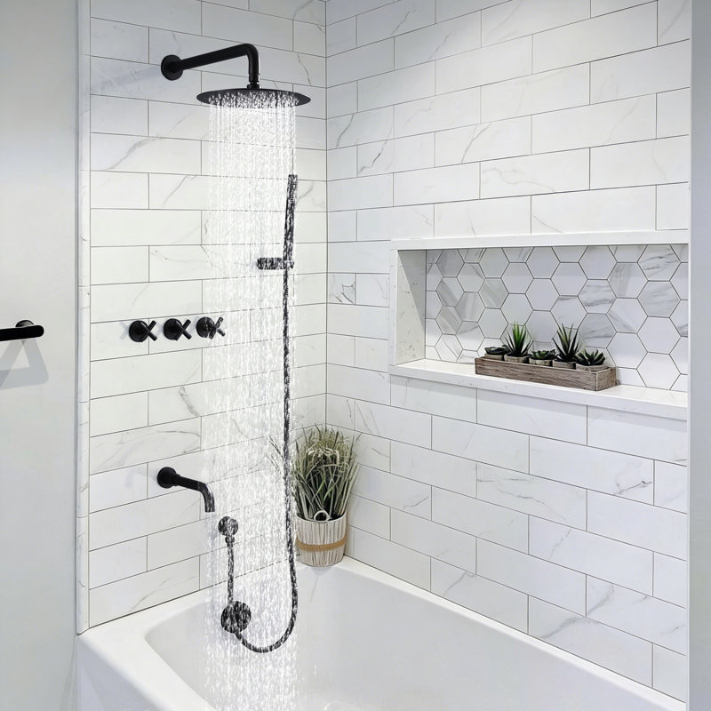 Système de douche mural complet en laiton massif avec bec de baignoire et 3 poignées en croix, Matte Black