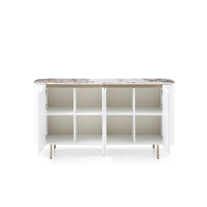 Armoire de rangement moderne Elisa blanche avec plateau et pieds champagne doré.