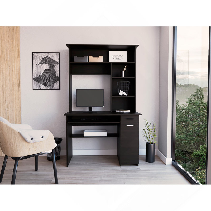 Bureau bahut Compu, plateau à clavier, panneau de porte pour unité centrale, tablettes multiples, un tiroir, noir, Noir