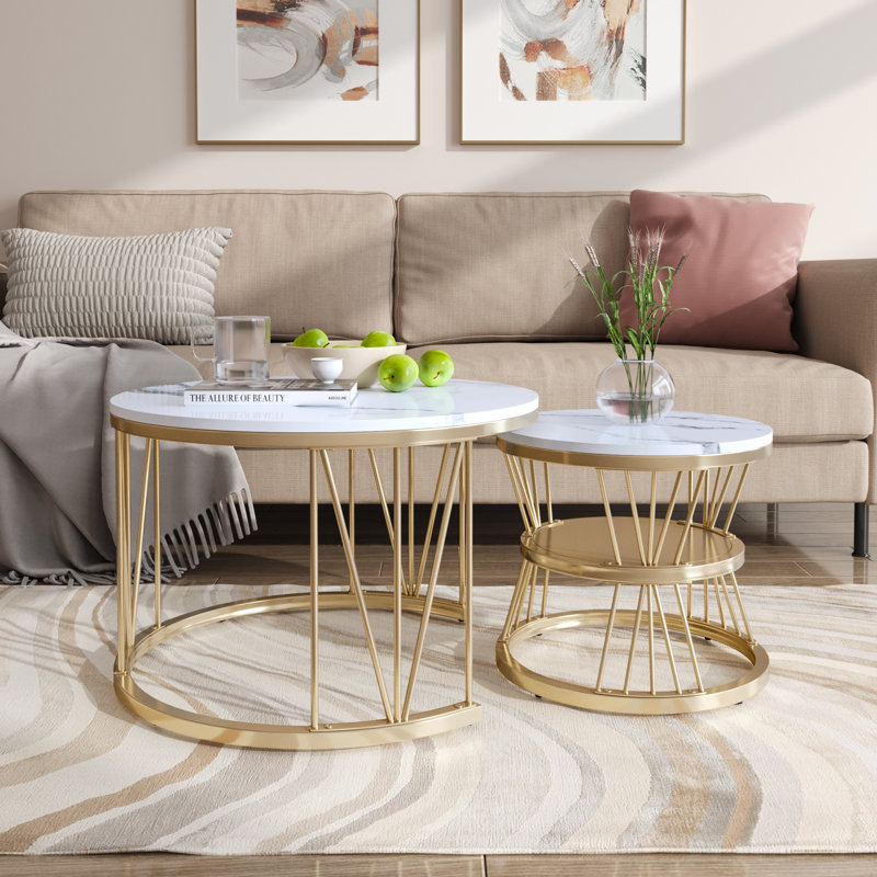 Modern Coffee Tables, Round Nesting Tables Set Of 2, Side Tables With Metal Frame And Open Storage Shelf, Industrial Stacking End Tables For Living Room Bedroom Office