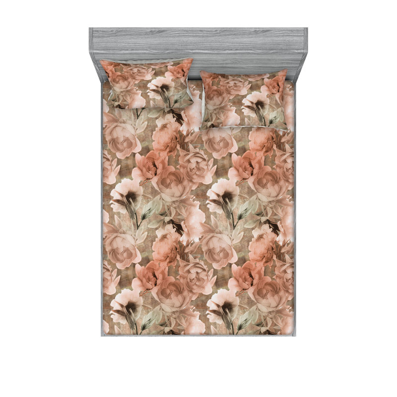 Drap-housse et taies décoratives 3 pièces Ambesonne, Rose, vert pâle, rubis pâle / floral