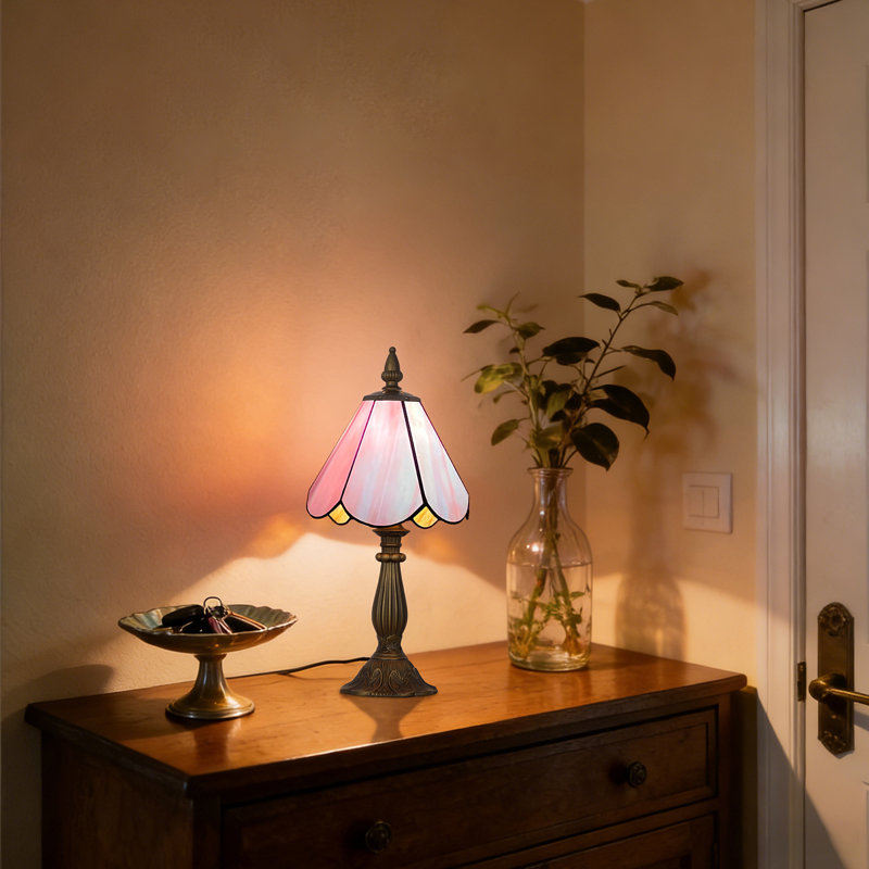 Lampe de table Tiffany rose à 1 lumière de 7 pouces, style artisanal en verre coloré, Rose