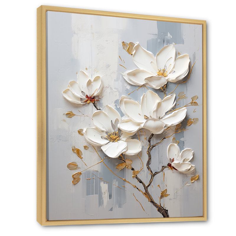 «Magnolias I» bleu et blanc sur toile, Cadre naturel flottant, H 40 po x l 30 po x P 1,5 po