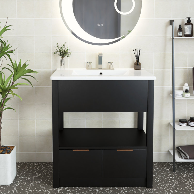 Jerid 30'' Single Bathroom Vanity with Ceramic Top, Black, Gold