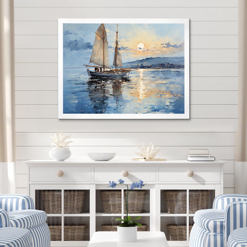 Bateau, voile, reflets I - art encadré de bateau côtier, H 16 po x l 32 po x P 1 po, Cadre simple blanc