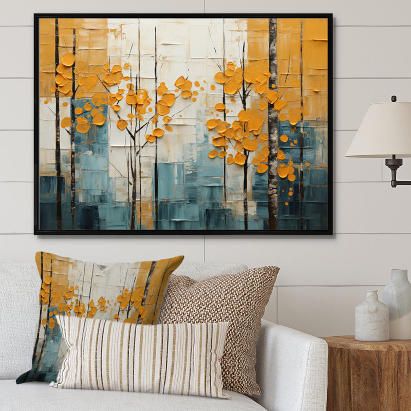 Marlynn «Bold» jaune et gris forêt III - impression, Cadre flottant noir, H 30 po x l 40 po x P 1,5 po