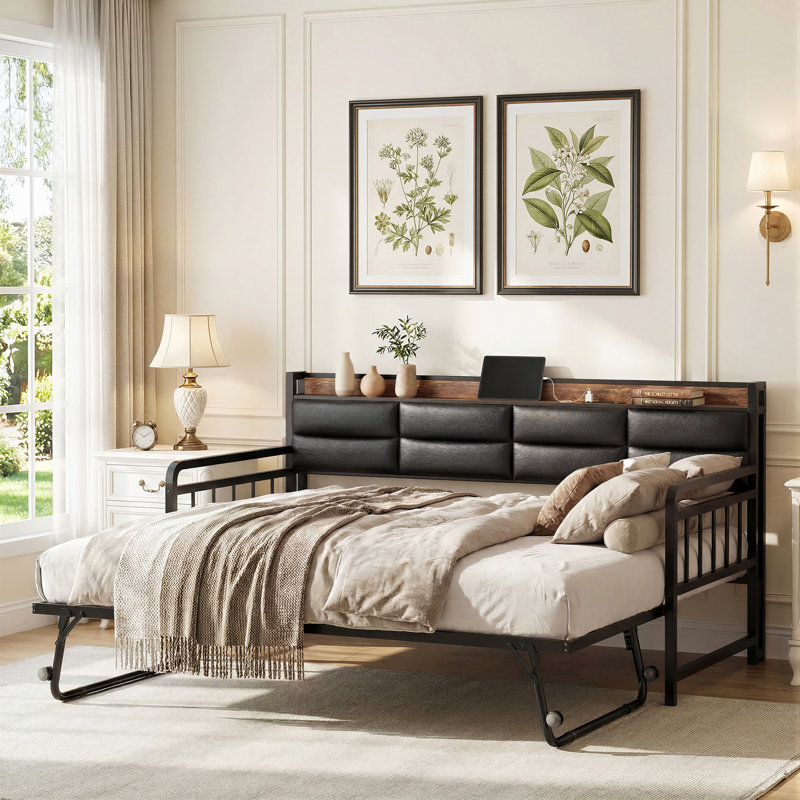 Upholstered Twin Daybed with Trundle and Charging Station, Brown