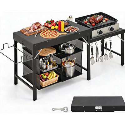 Table de gril en métal pour plaque chauffante Blackstone, support de table pliable portatif avec tablette de rangement à extension, table de cuisine de camping robuste pour la cuisine en plein air, barbecue, camping et patio