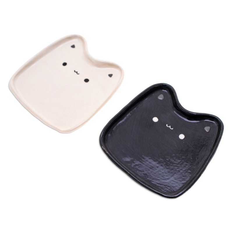 Trinx Handmade Spotted Felines Ceramic Catchalls (Set Of 2), Black/White