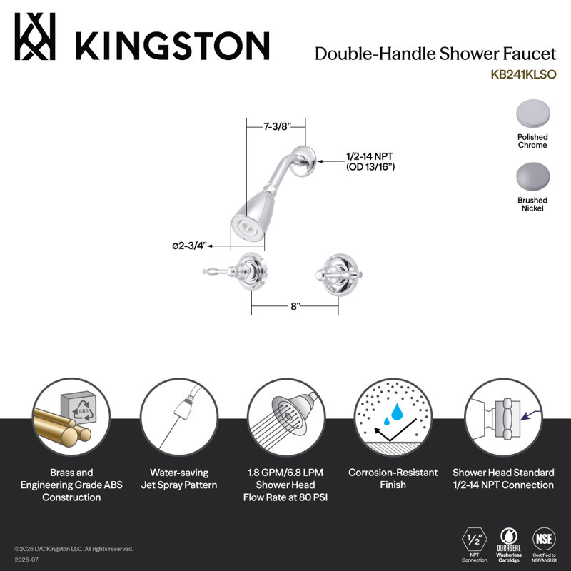 Kingston Brass Knight Double-Handle Shower Faucet, Brushed Nickel