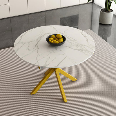 Modern And Simple Round Dining Table With Extendable Blades, Carbon Steel X-Shaped Base