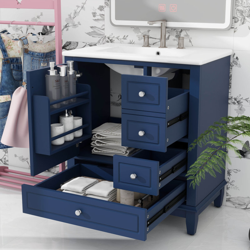 Meuble-lavabo pratique de 30 po avec lavabo - équipé d'une porte (avec tablette) et de trois tiroirs à fermeture en douceur