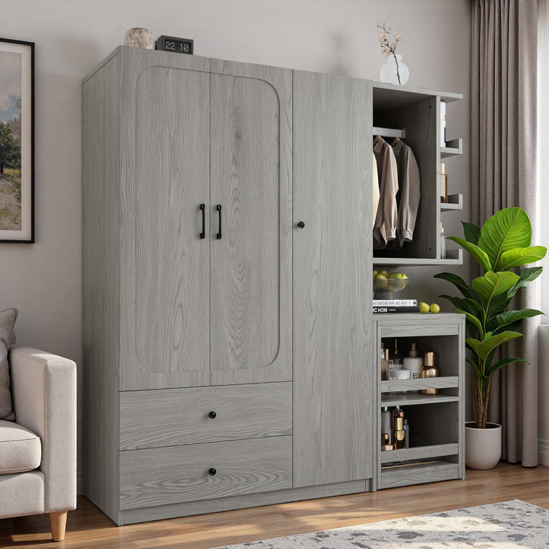 Armoire multifonctionnelle avec 2 portes, tringle, bureau convertible, tiroirs de rangement et tablettes ouvertes, Gris
