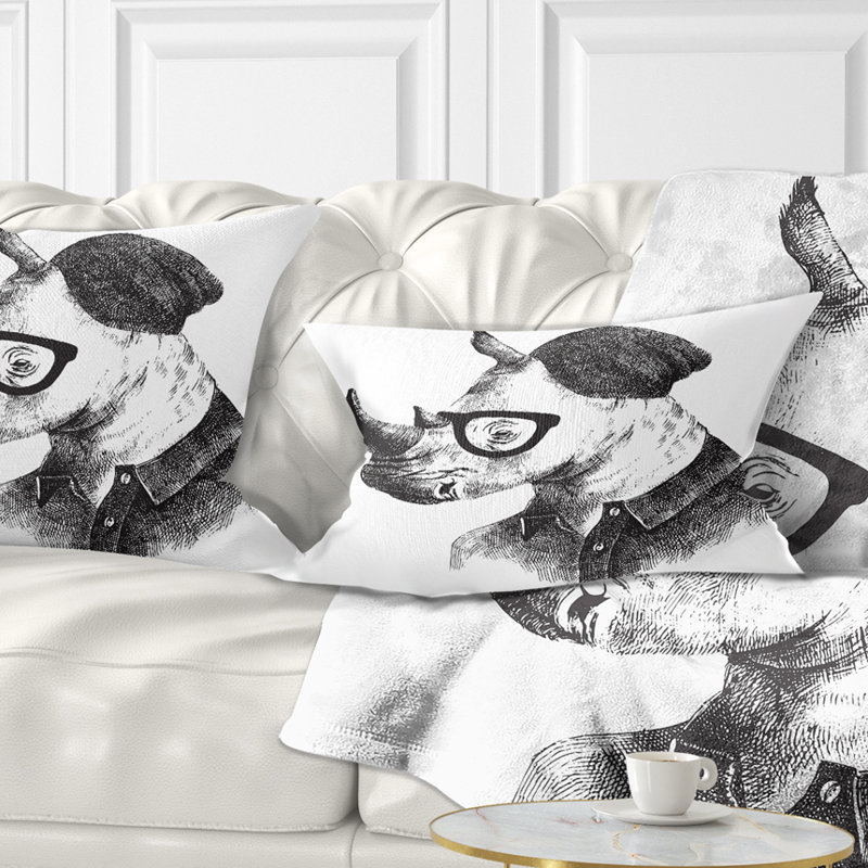 Hipster Rhino en noir et blanc - coussin à imprimé animal