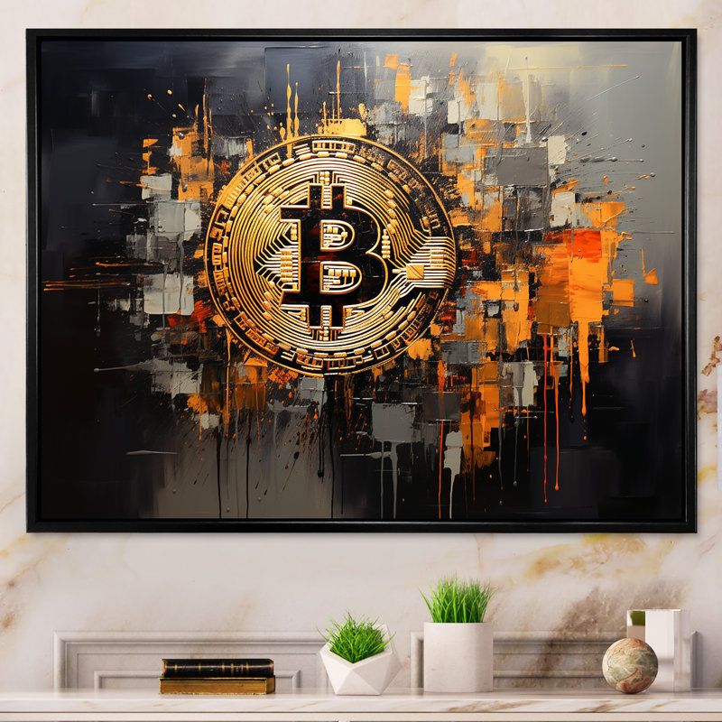 Or et gris - Crypto monnaie - art mural mode, Cadre flottant noir, H 12 po x l 20 po x P 1 po